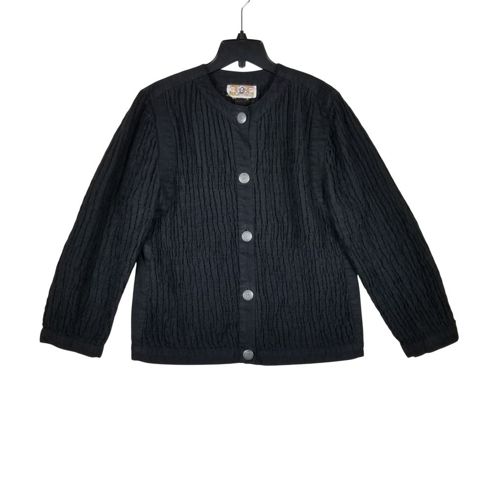 Gene Ewing BIS Jacket Women M Black Smocked Crinkle Silver Crest Button Vintage